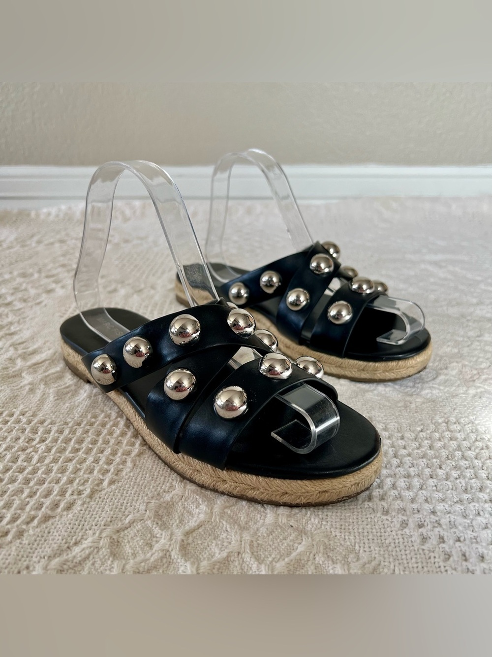 Marc Fisher Prisca Black Vegan Leather Slide Sandals Silver Stuffed Espadrilles